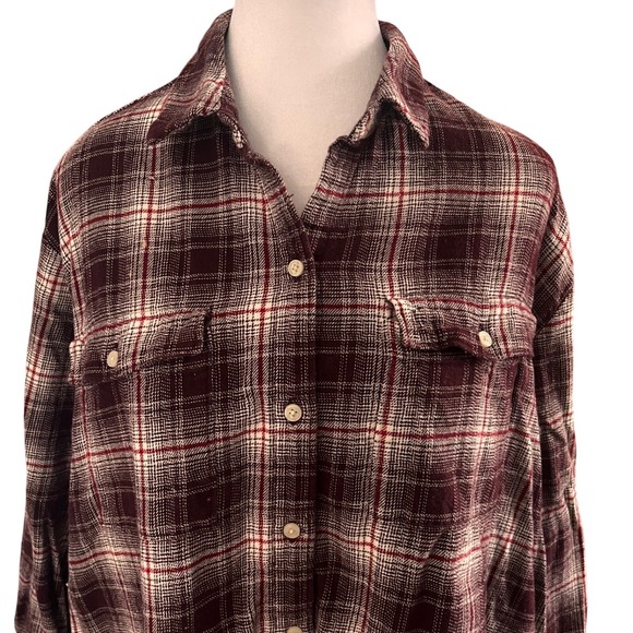 NWOT Gap Women Burgundy Plaid Flannel Button Down Shirt Cotton Oversized Size L - Picture 2 of 5